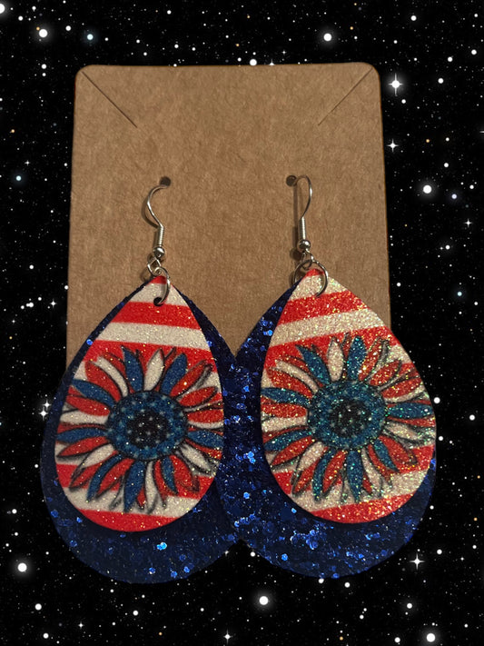 Patriotic sunflower blue faux leather tear drop earrings