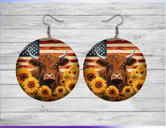 American cow sunflower round earrings