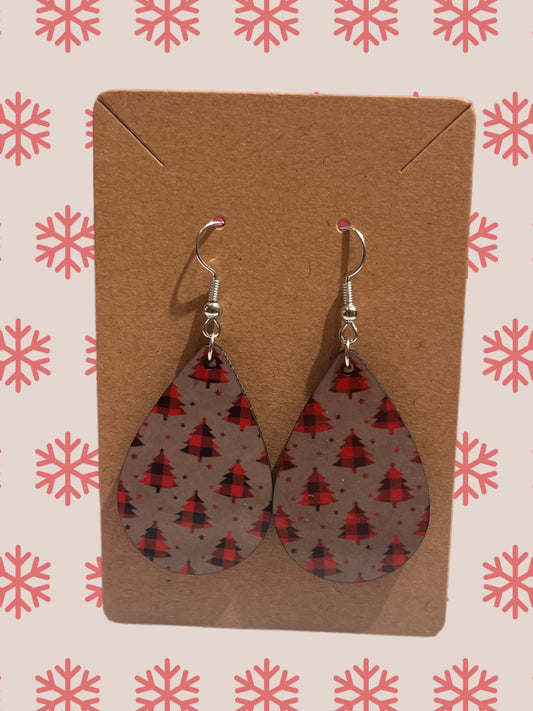 Red plaid Christmas tree tear drop earrings