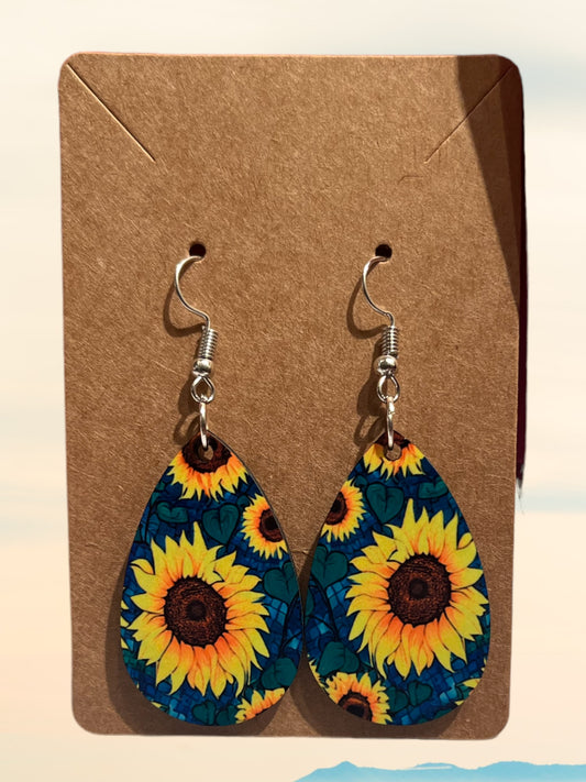 Sunflowers with blue background tear drop earrings