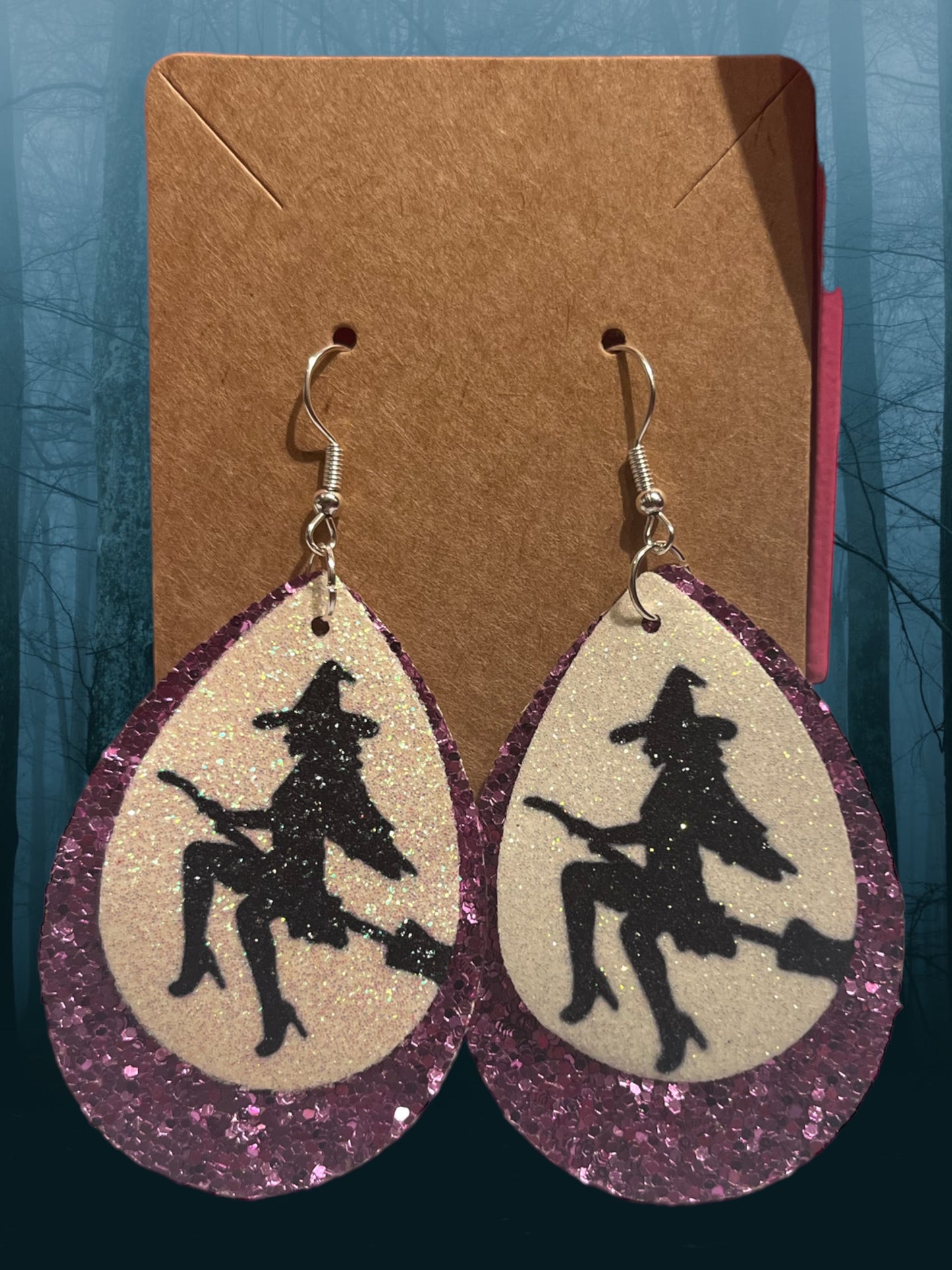 Witch riding broom faux leather earrings