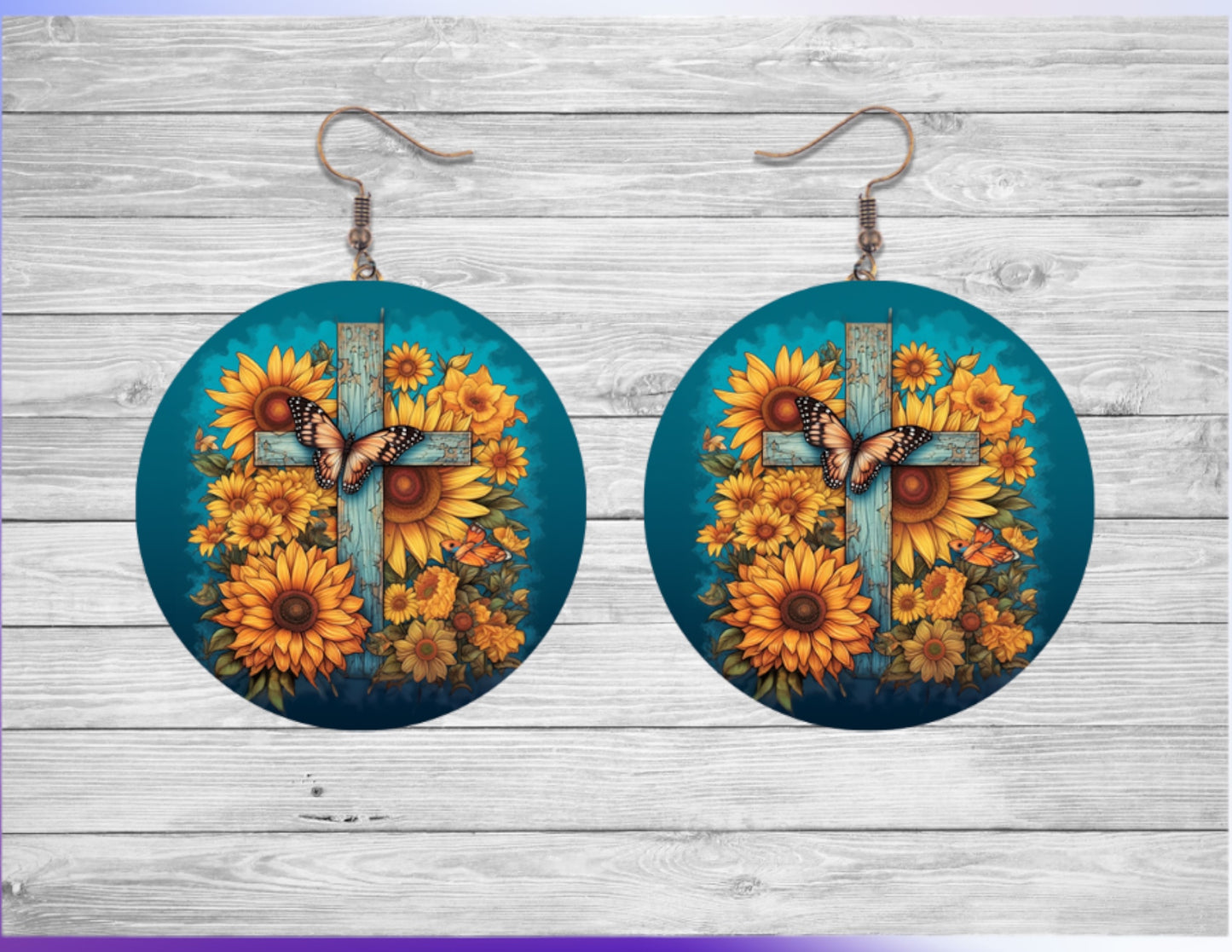 Cross sunflower round earrings