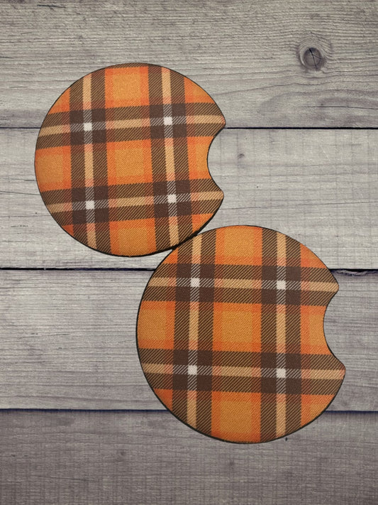 Orange plaid car coasters (2)