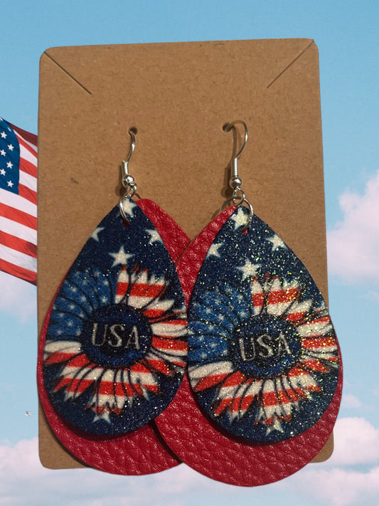 American USA faux leather tear drop earrings