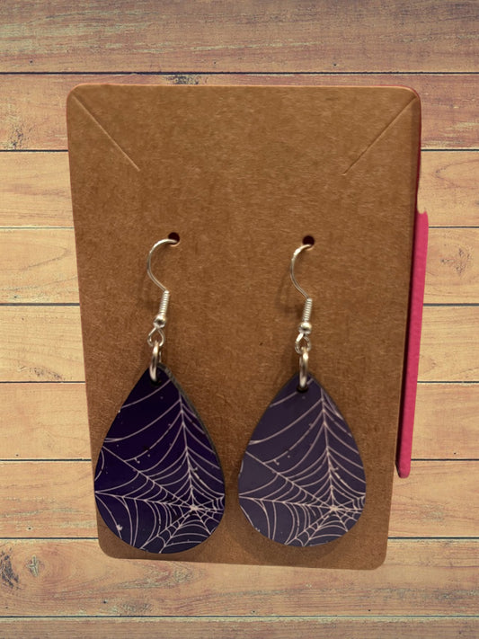 Purple with big spider webs teardrop earrings