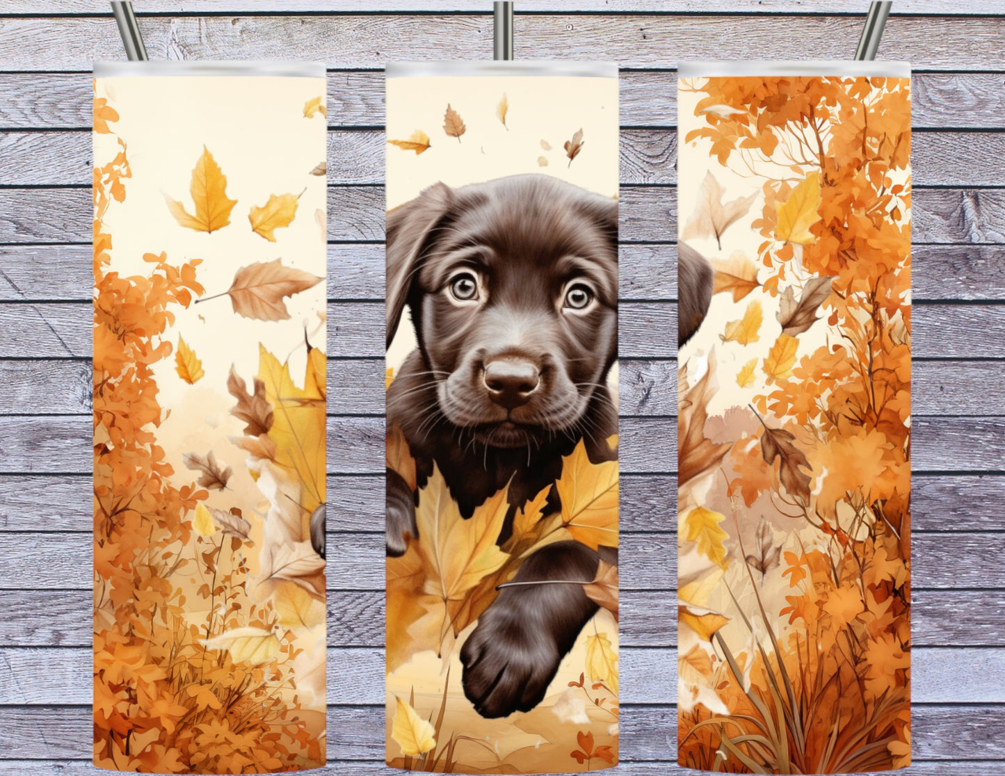 Brown lab in leaves 20oz tumbler