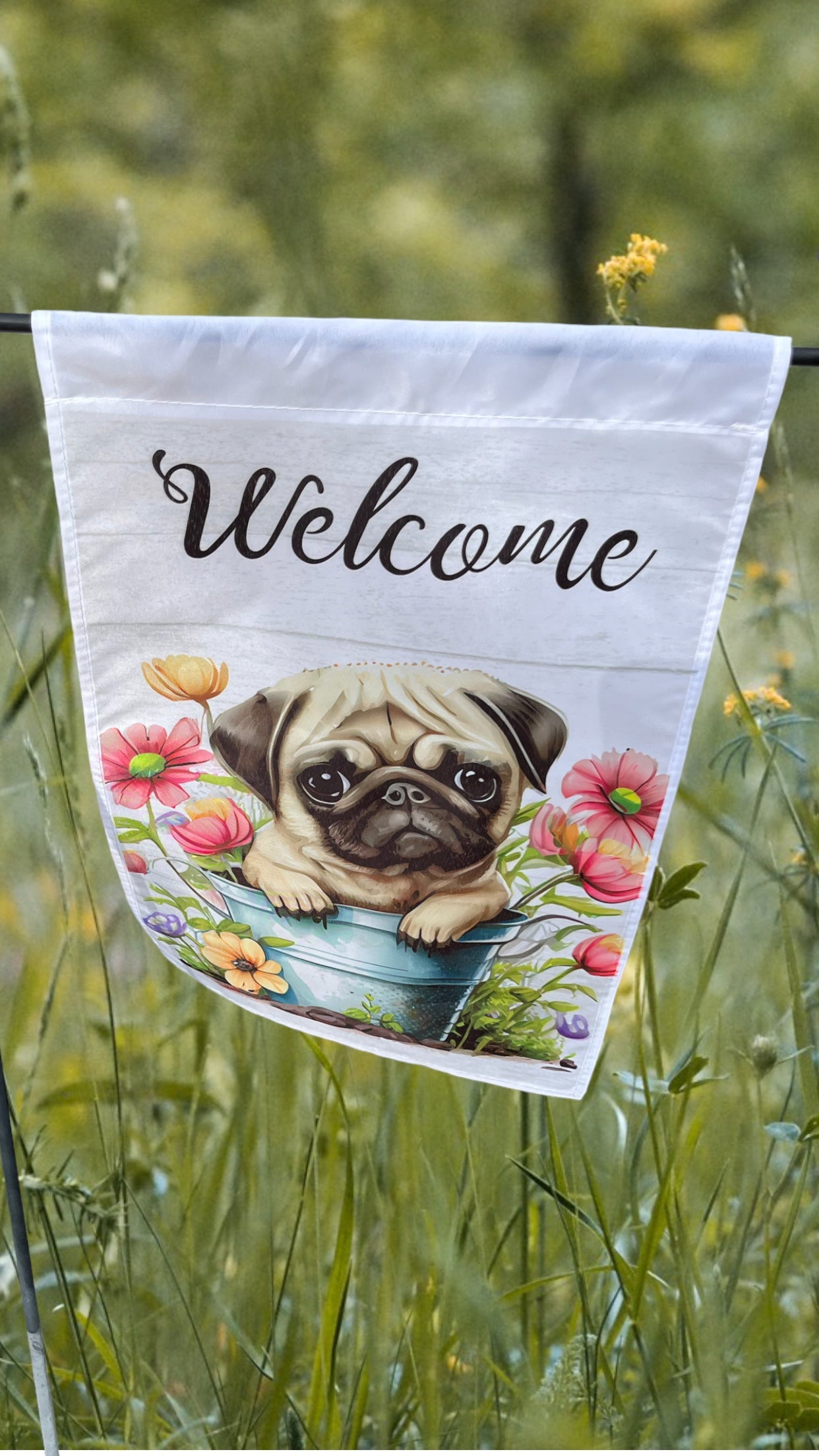 “Welcome” Pug 12x18 garden flag