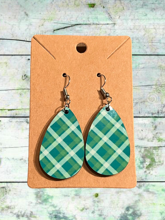 Green plaid teardrop earrings